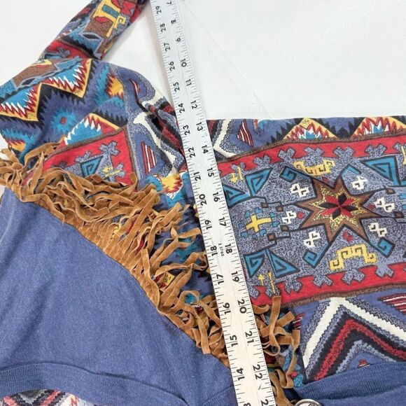 VTG Young Stuff Top Shirt Womens Small Aztec Fringe Festival Boho Blue Southwest - Picture 5 of 8